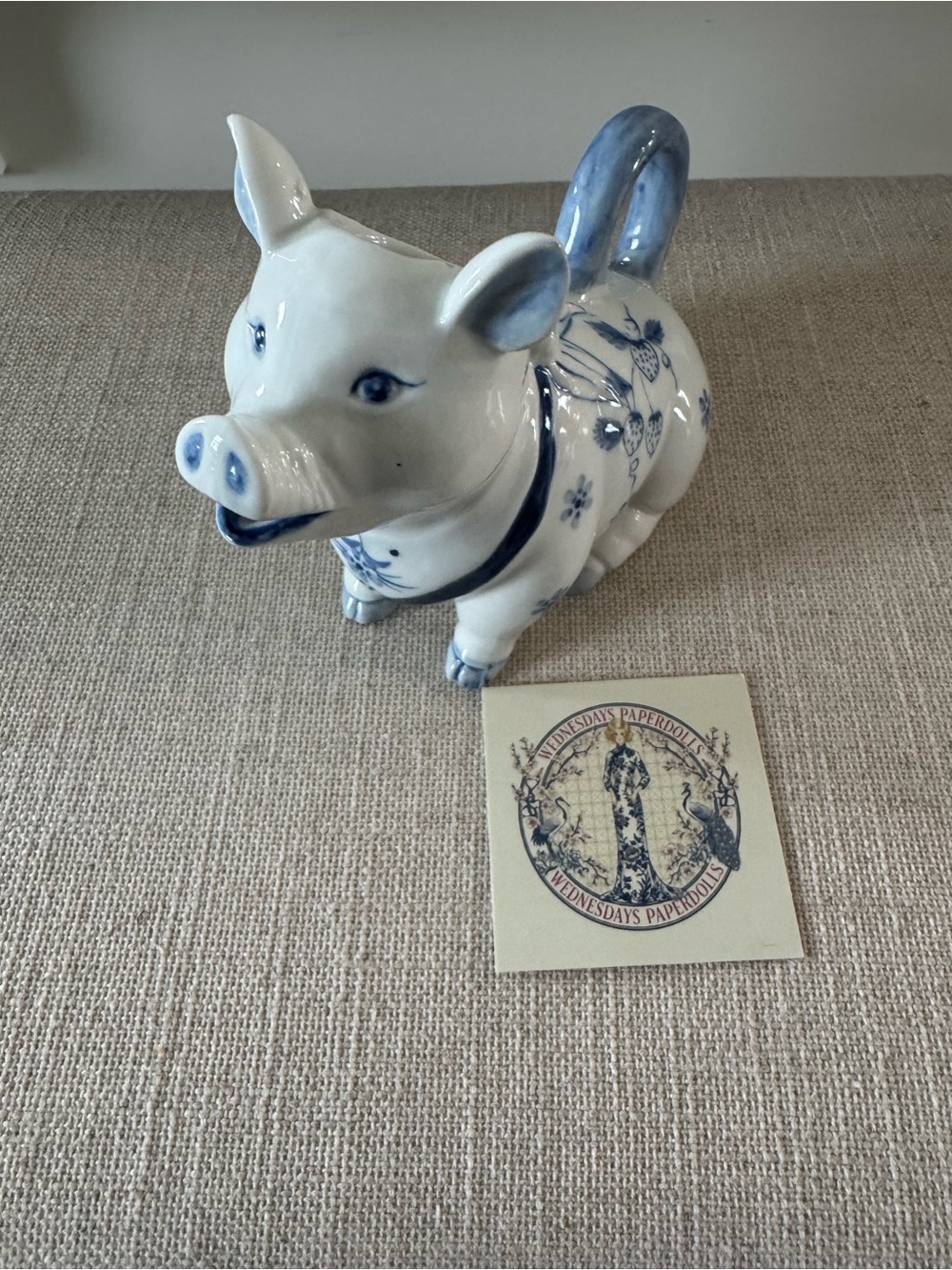 Vintage Blue White Ceramic Adorable PIG Figurine Creamer 4.8" tall x 6" x 3.1"